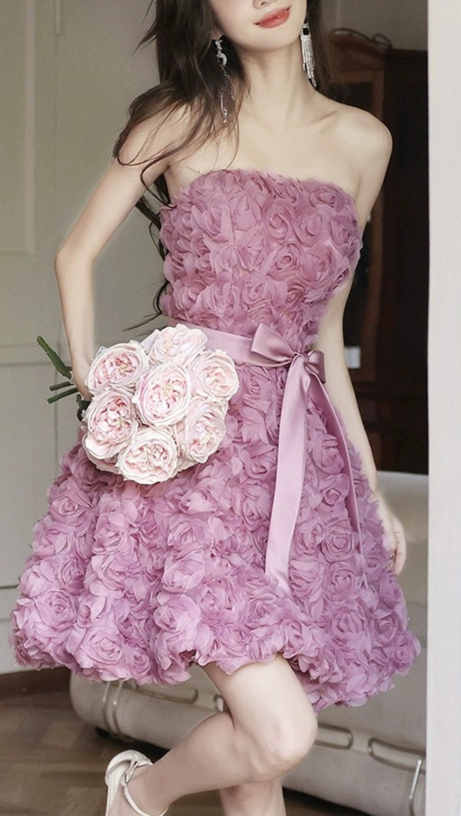 ROSE FLOWER STRAPLESS MINI DRESS