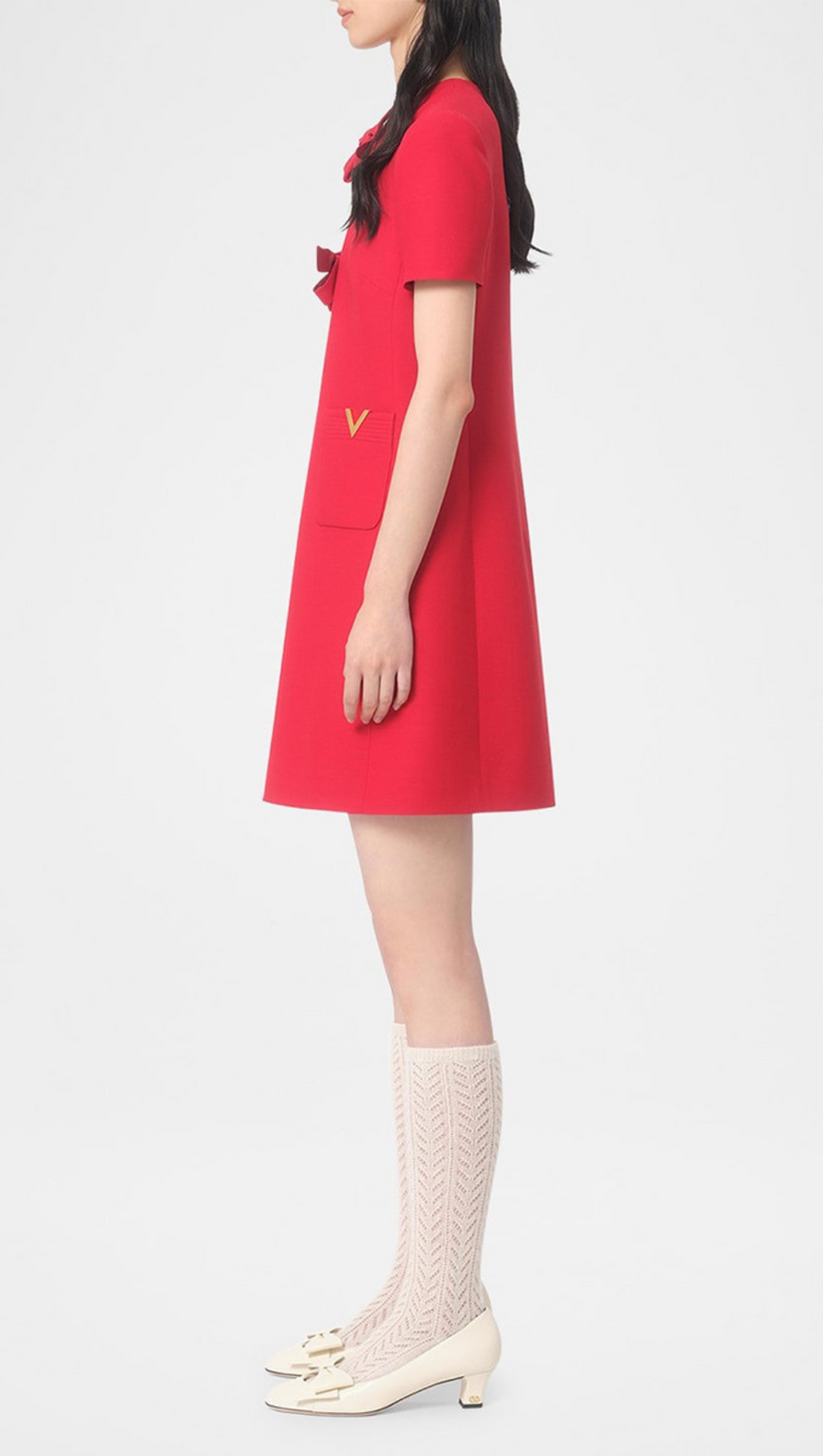 CREPE COUTURE BOW MINI DRESS IN RED