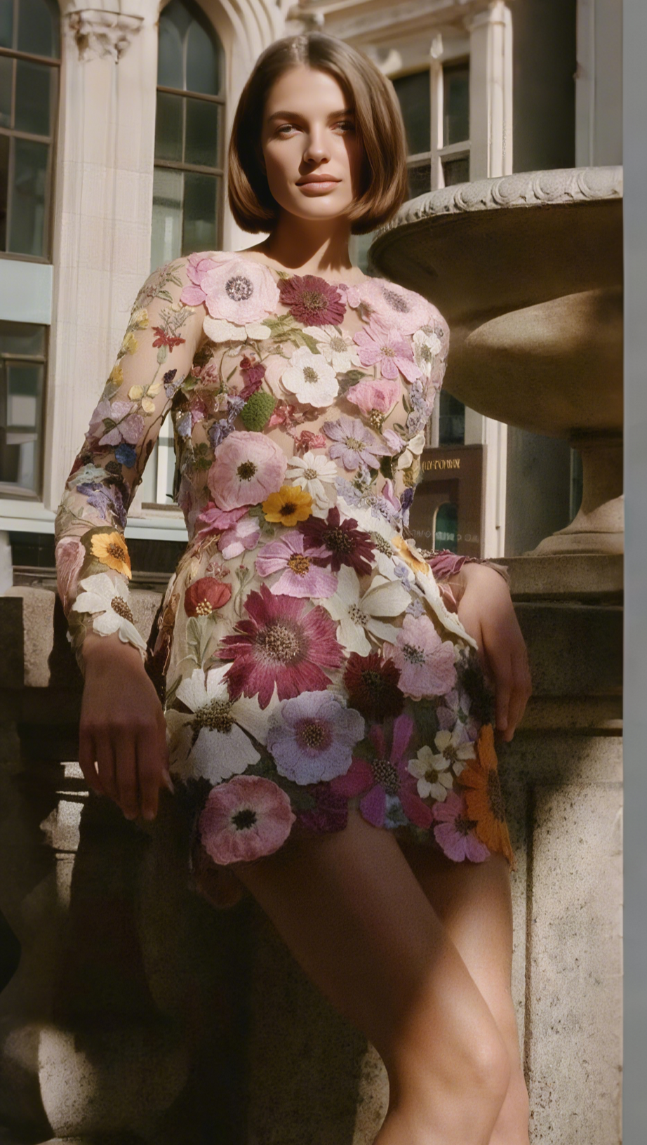 EMBROIDERED FLOWER LONG SLEEVE MINI DRESS