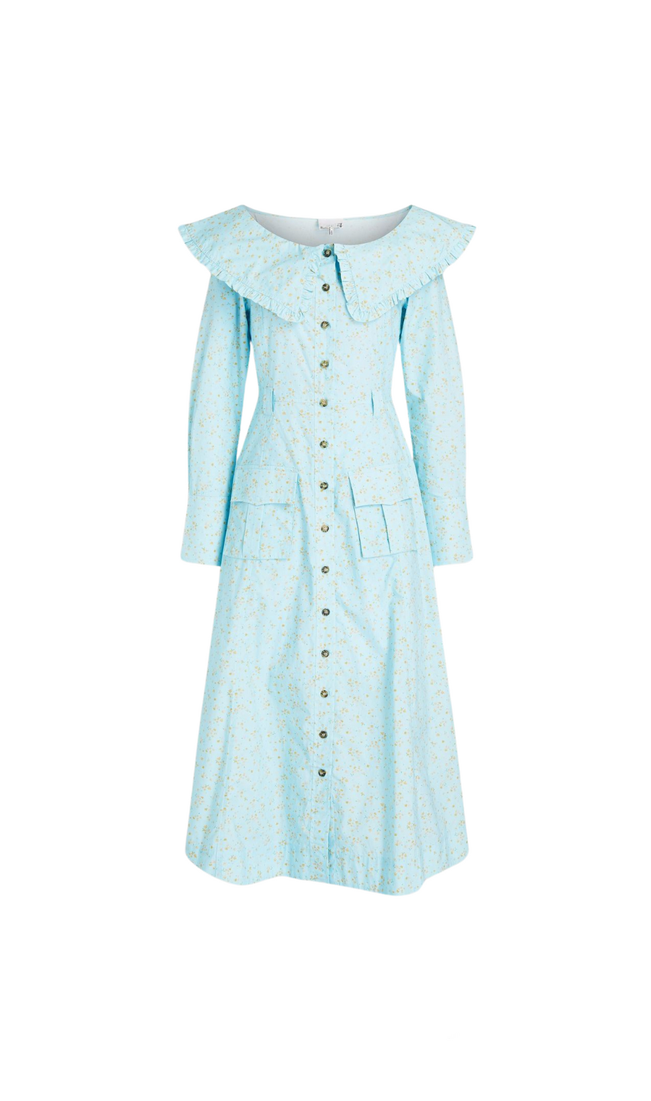 EUNICE – MIDIKLEID MIT BLUMENMUSTER UND RÜSCHENUNTERTEIL IN BLAU