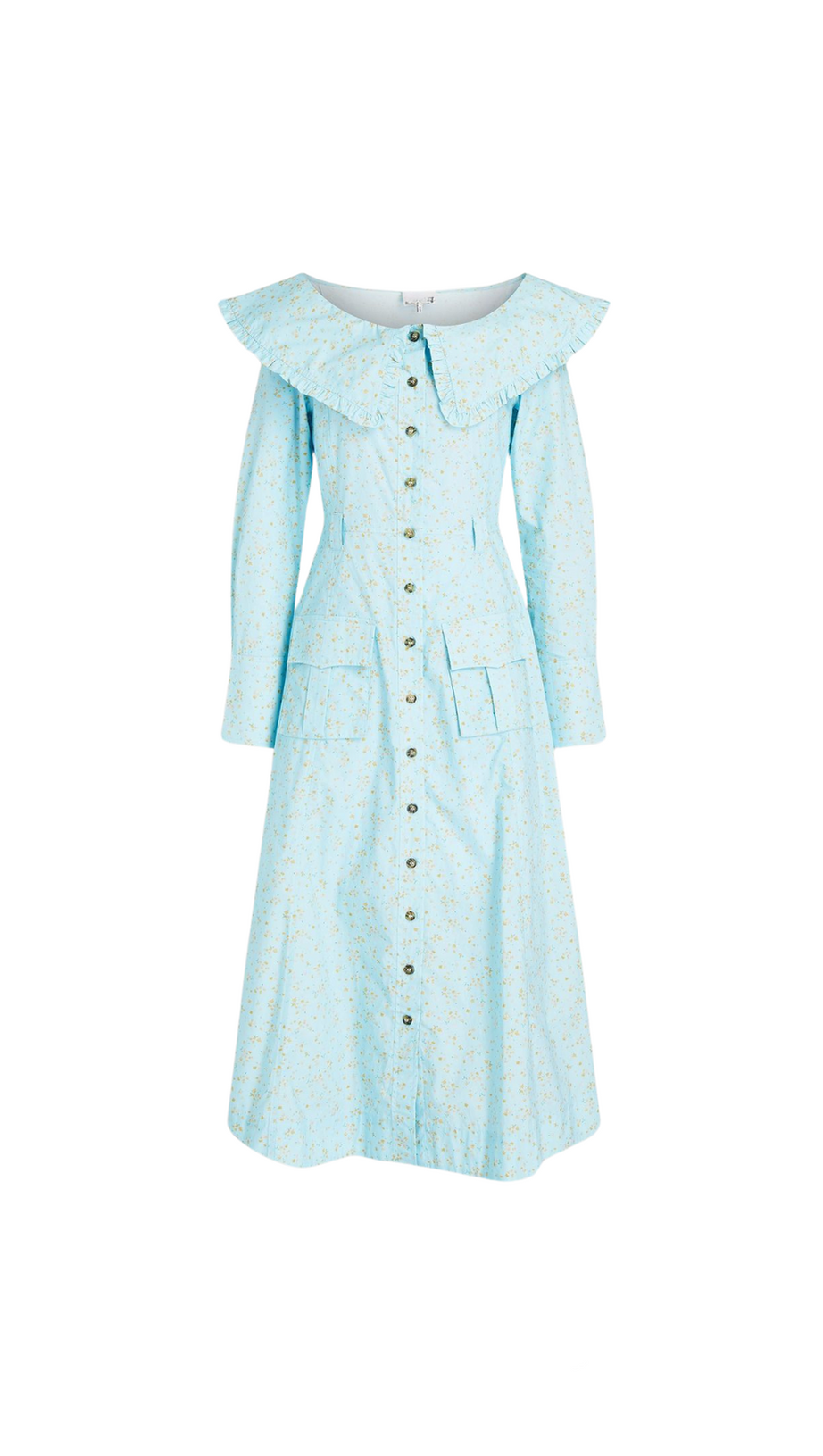 EUNICE – MIDIKLEID MIT BLUMENMUSTER UND RÜSCHENUNTERTEIL IN BLAU