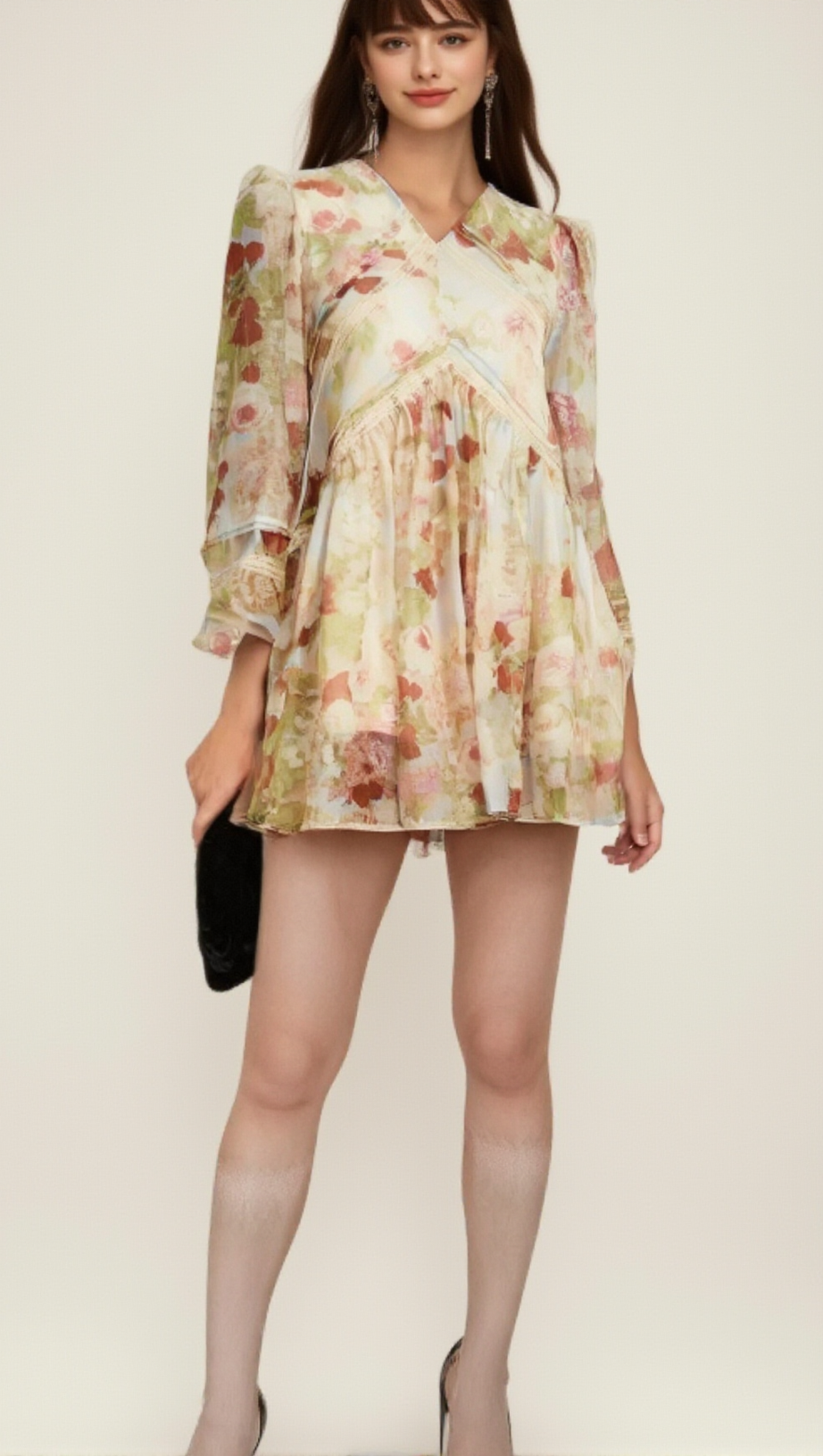 AILIS FLORAL-PRINT LACE-DETAIL MINI DRESS