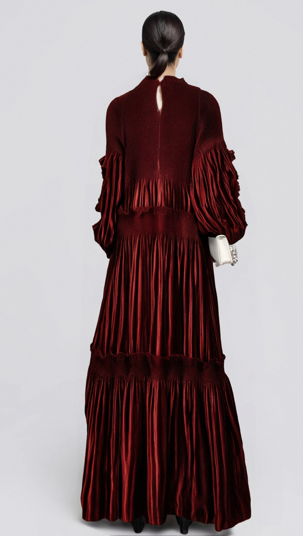 AIIZIE DONNA RED FLORAL-APPLIQUÉ PLEATED VELVET MIDI DRESS - product image