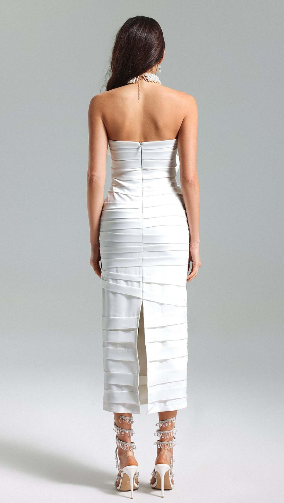 WHITE STRAPLESS FLOWER MIDI DRESS