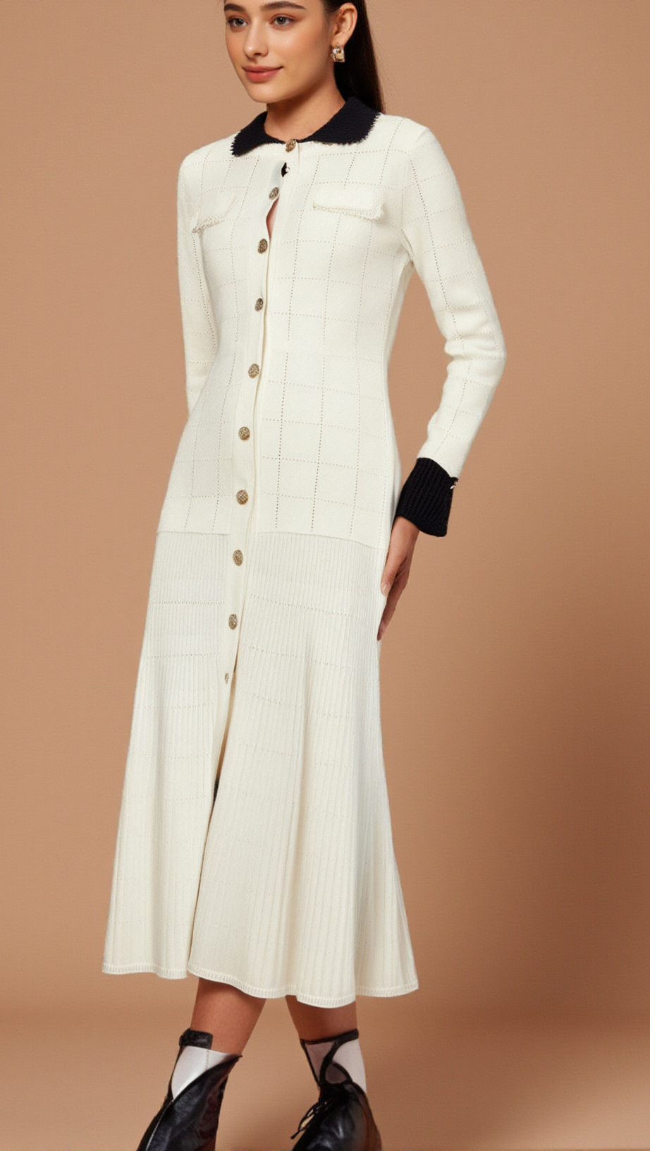 CÉCILIE CONTRAST-TRIM KNITTED SHIRT DRESS