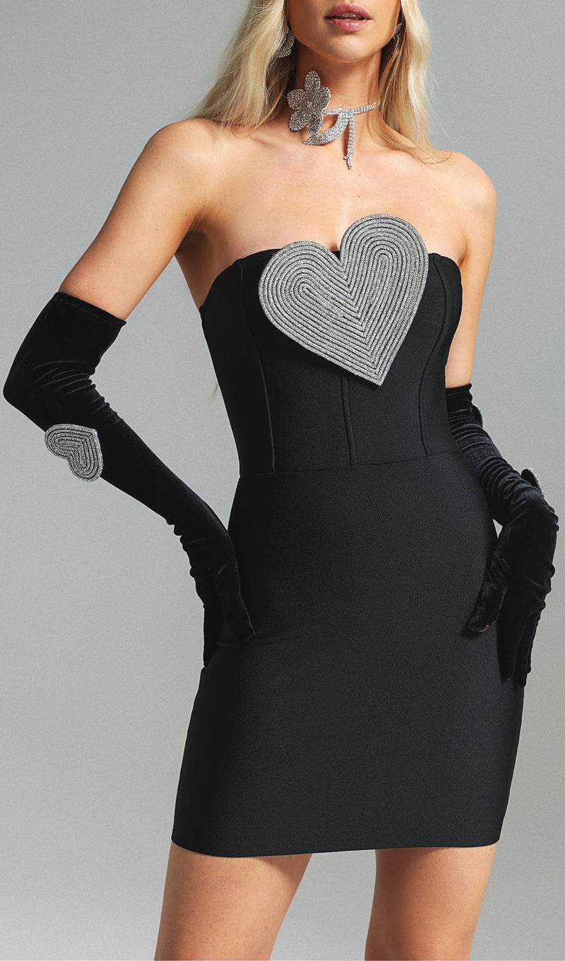 HEART EMBELLISHED STRAPLESS MINI DRESS