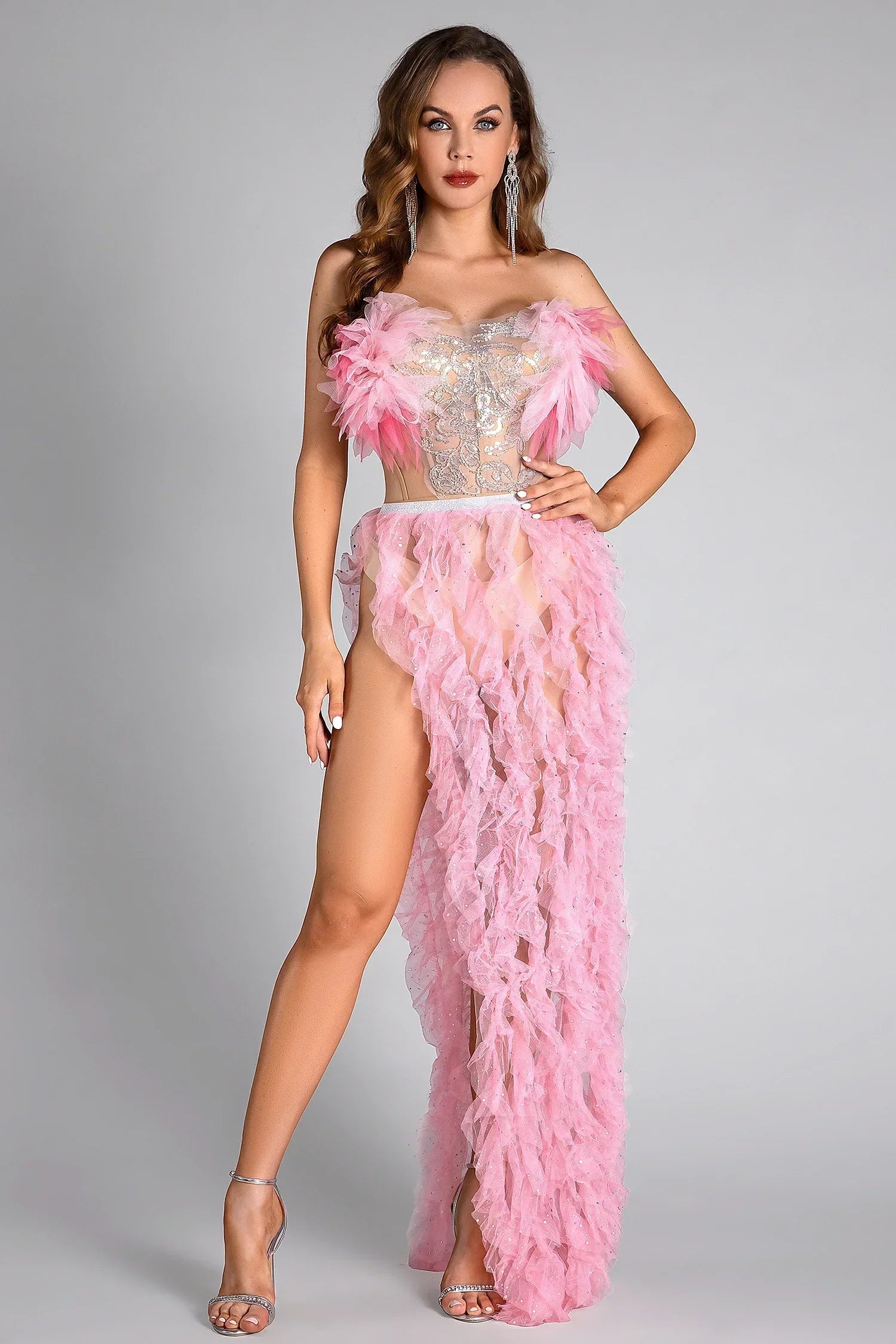EFTYCHIA PINK FEATHER HIGH SLIT BACKLESS DRESS