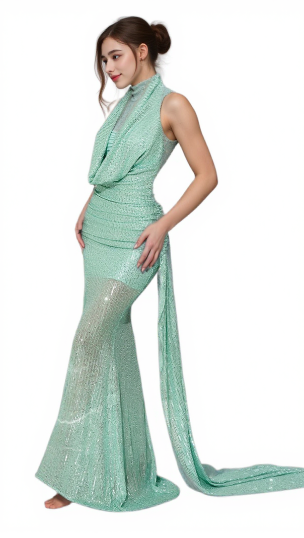 AIIZIE AGATHA COWL BACKLESS SEQUIN MAXI DRESS IN GREEN - product image