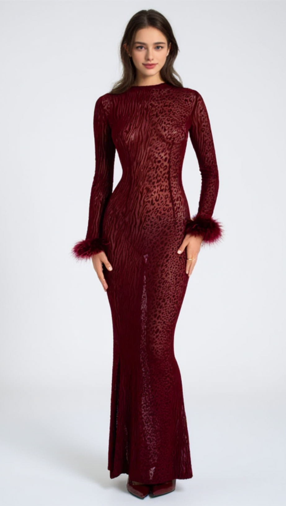 BURGUNDY MESH FEATHER MAXI DRESS