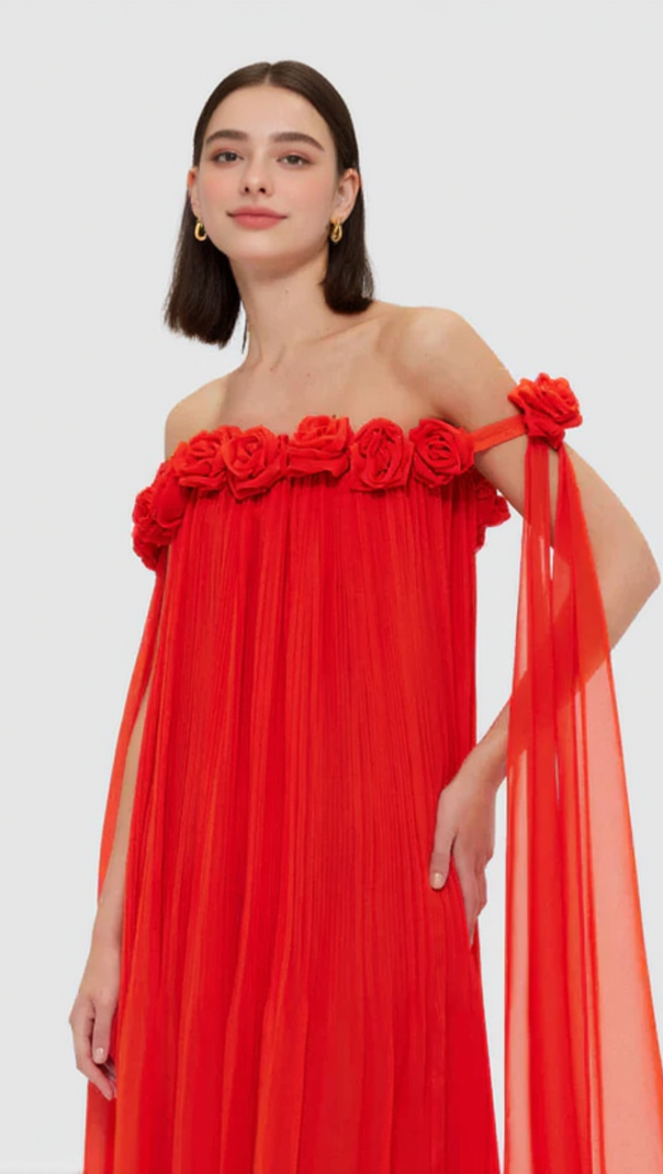 AIIZIE DRAPED FLOOR LENGTH DRESS IN SCARLET - product image