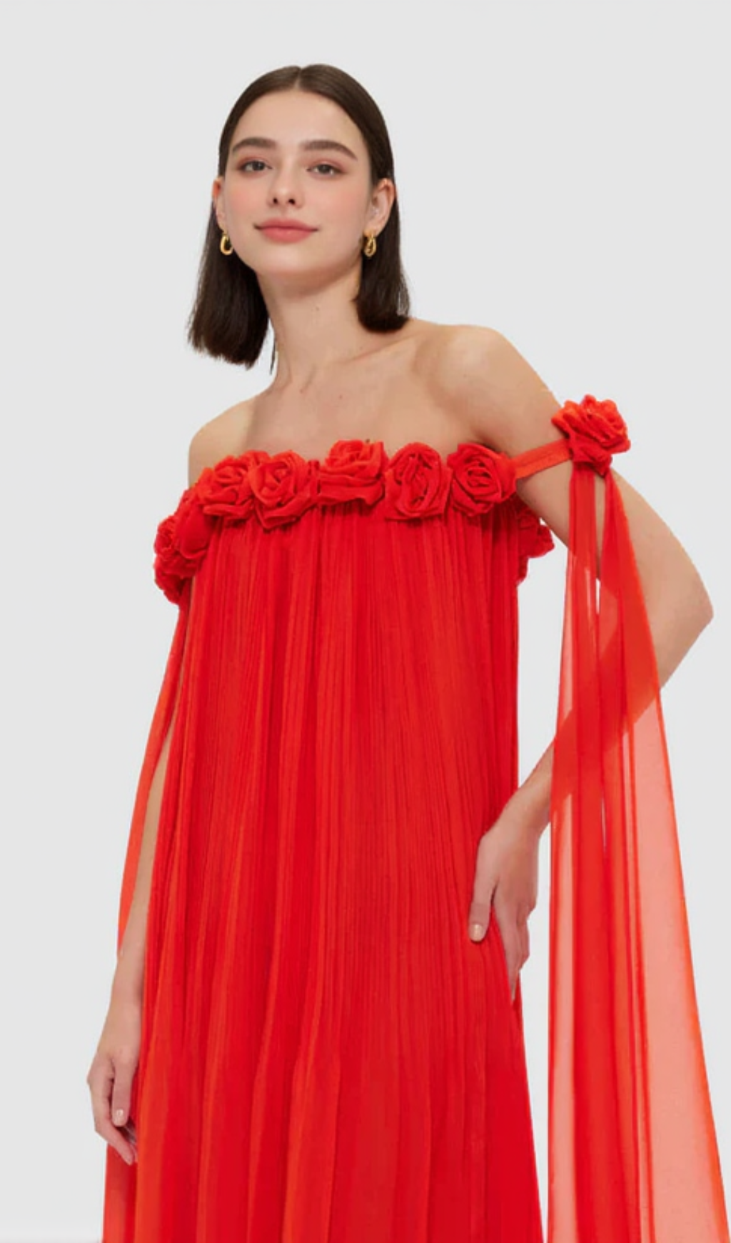 DRAPED FLOOR LENGTH DRESS IN SCARLET