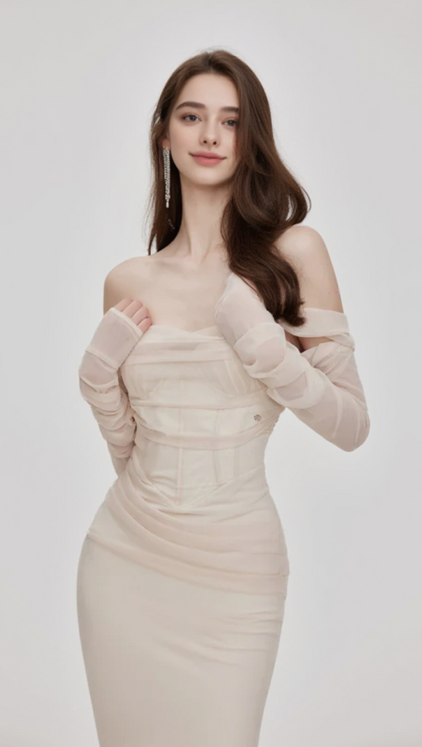 AIIZIE ARIEL APRICOT MESH OFF-SHOULDER MERMAID MAXI DRESS - product image