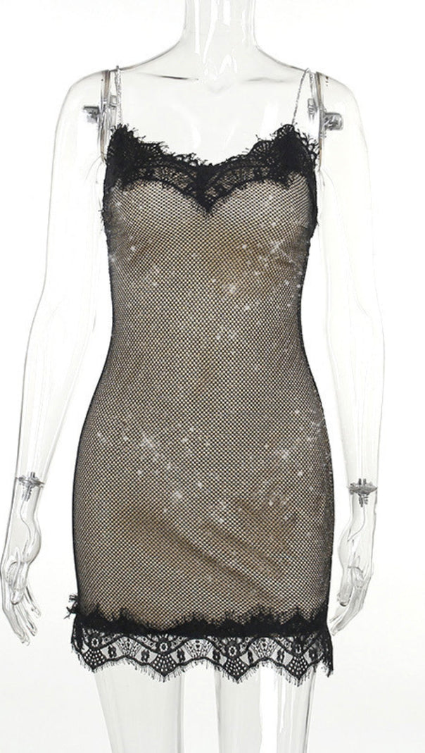 AIIZIE LACE PATCHWORK HOLLOW DIAMOND MINI DRESS - product image