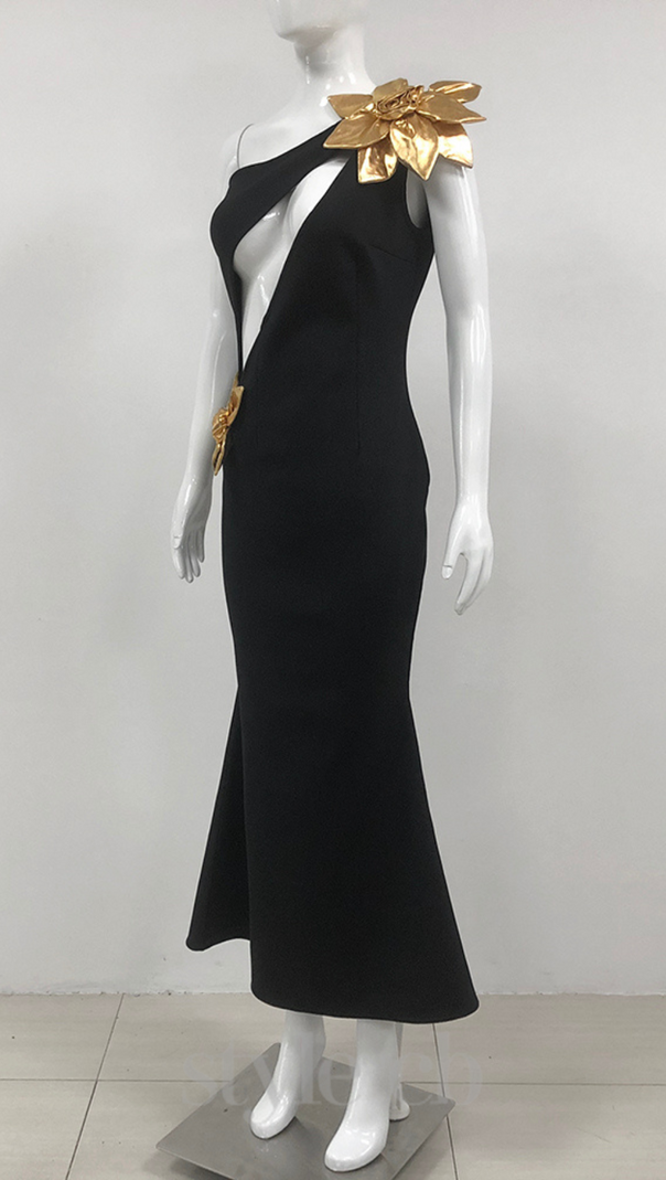AIIZIE EUNICE GOLD 3D FLOWER CUT OUT BLACK MAXI DRESS - product image