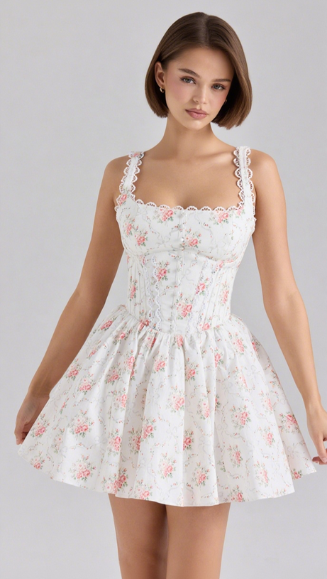 ROSE PRINT STRETCH COTTON LACE STRAP MINI DRESS