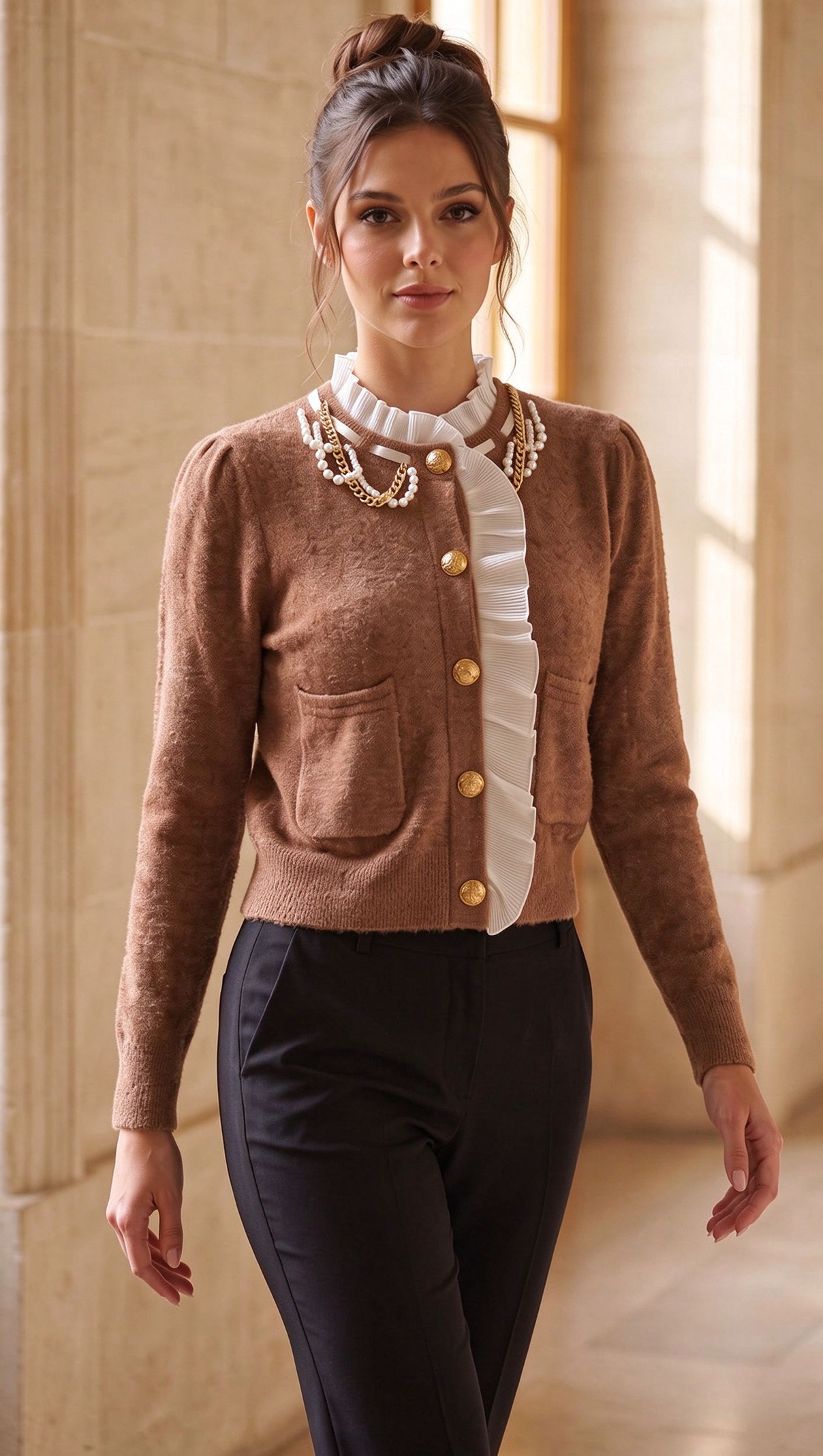 caramel brown textured wool-blend knit fitted, cropped cardigan