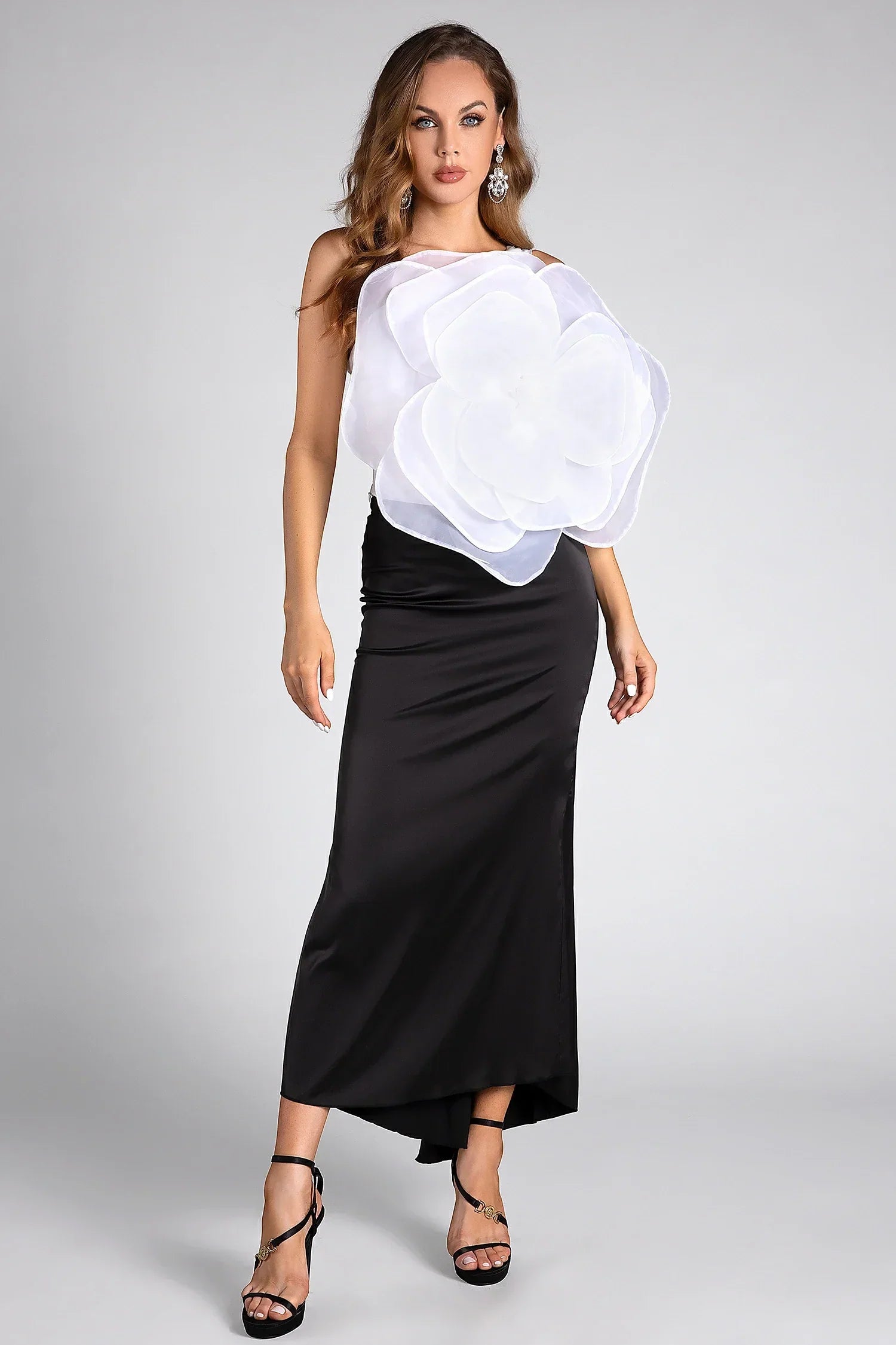 BARIADI ONE SHOULDER 3D FLOWER MAXI DRESS