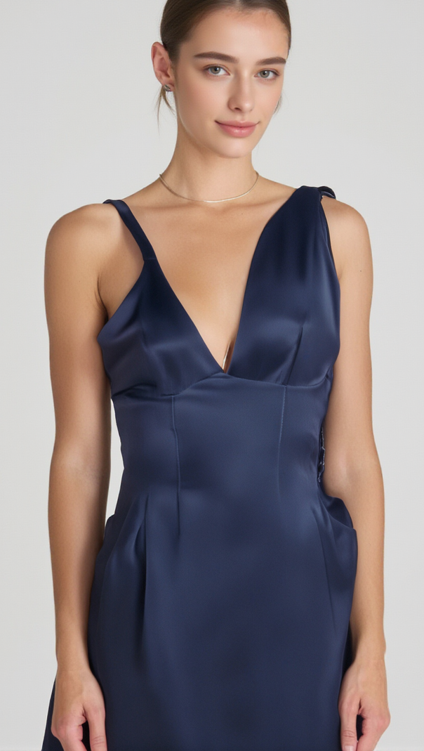AIIZIE CHANTALE BLUE TWIST-DETAIL SATIN MIDI DRESS - product image