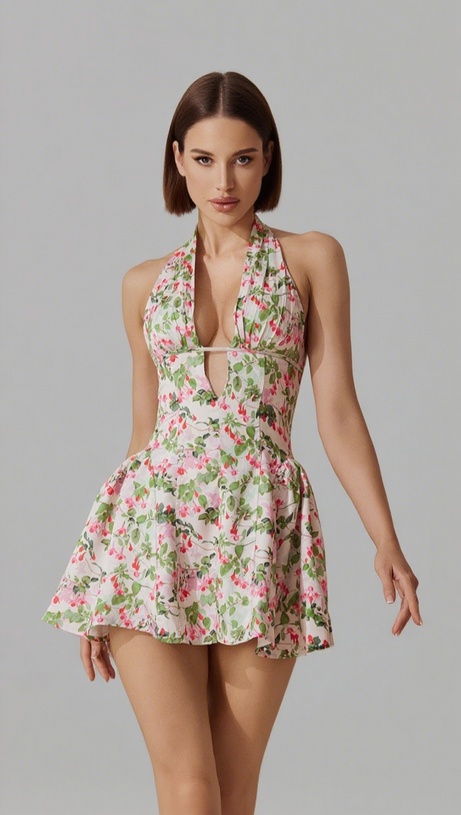 PLUNGE NECK FLORAL MINI DRESS