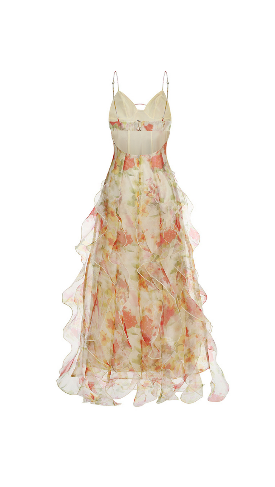 BELINDA YELLOW FLORAL VERTICAL RUFFLE TRIM MAXI DRESS
