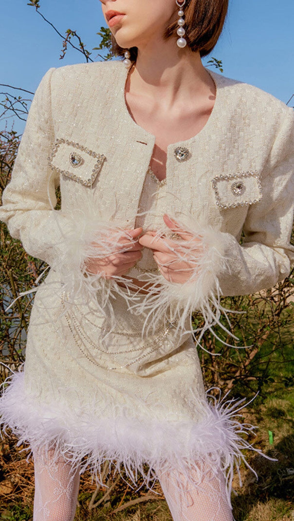 AIIZIE FEATHER SHORT SKIRT SUIT IN WHITE - product image