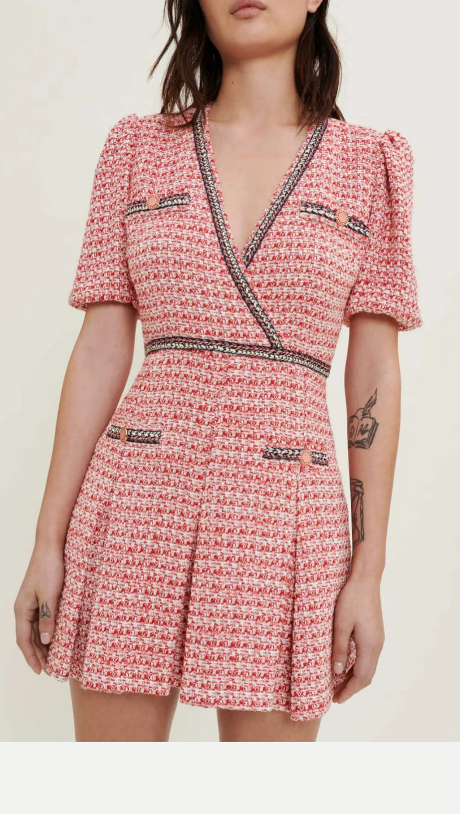TWEED DRESS WITH ETHNIC TRIM IN PINK