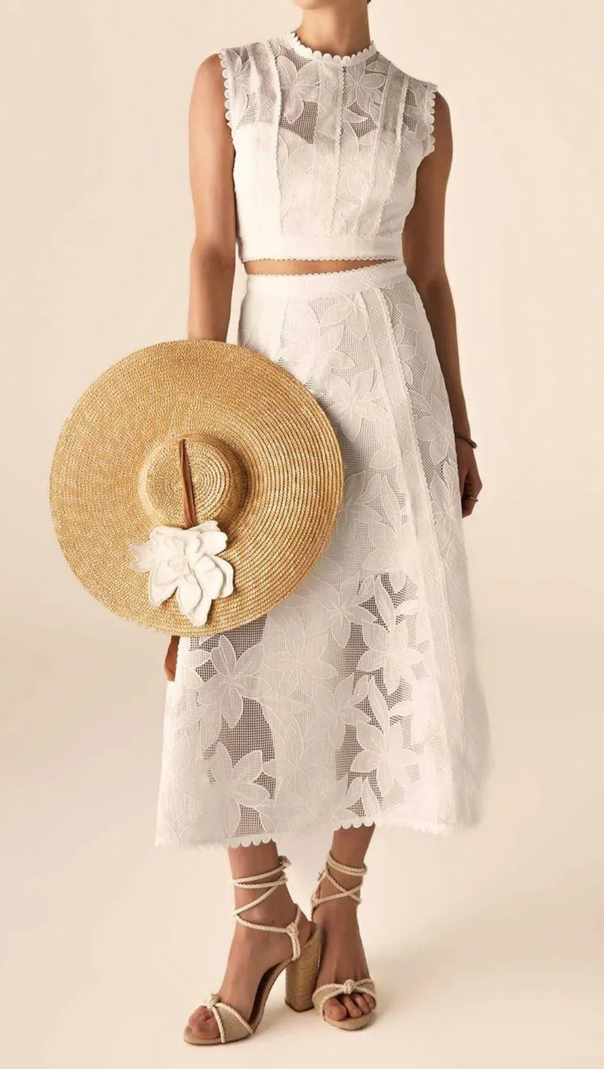 AIIZIE GUIPURE MESH MIDI SKIRT CROP TOP SET IN WHITE - product image