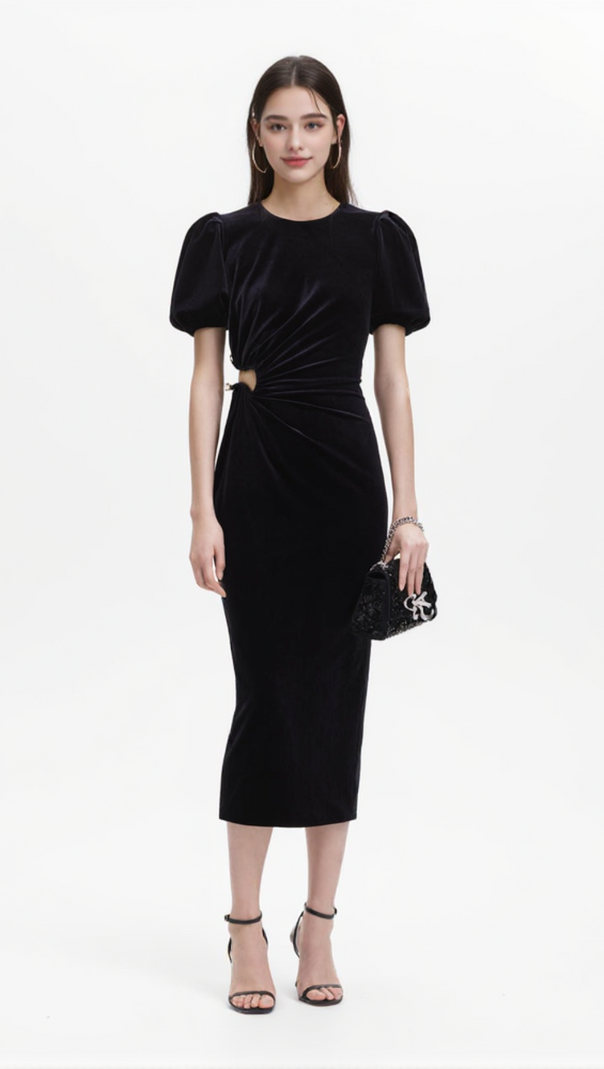 AIIZIE PLEATED VELVET CUT-OUT MIDI DRESS IN BLACK - product image