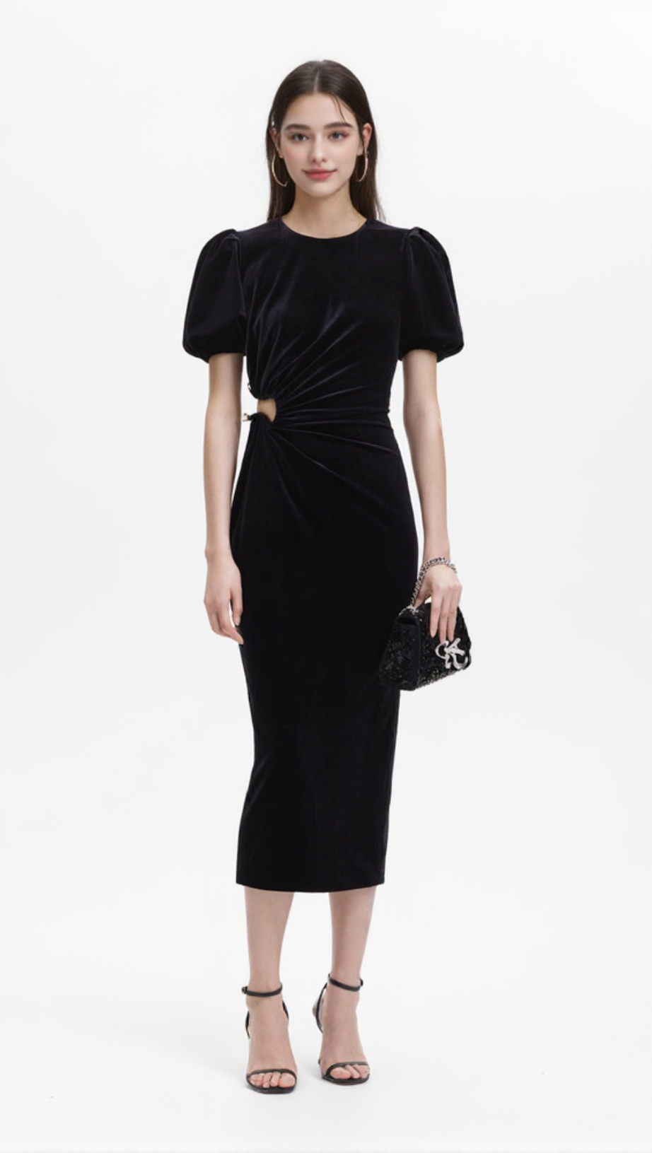 PLEATED VELVET CUT-OUT MIDI DRESS IN BLACK
