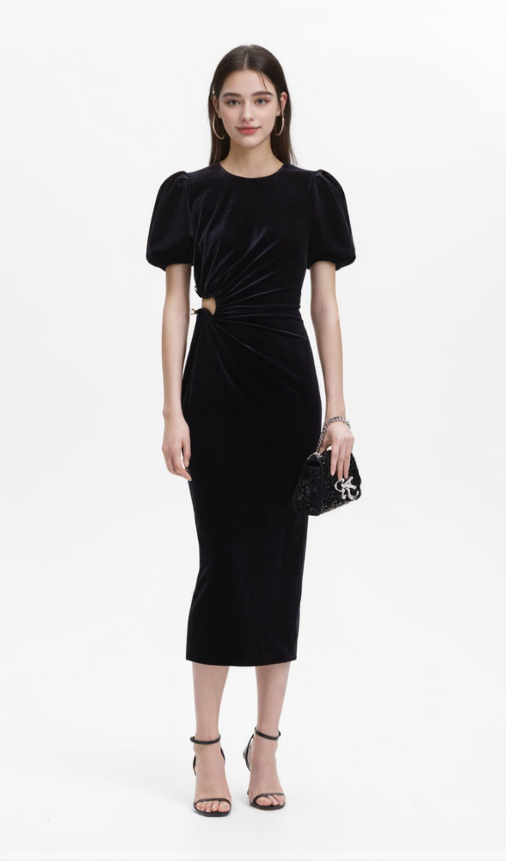PLEATED VELVET CUT-OUT MIDI DRESS IN BLACK