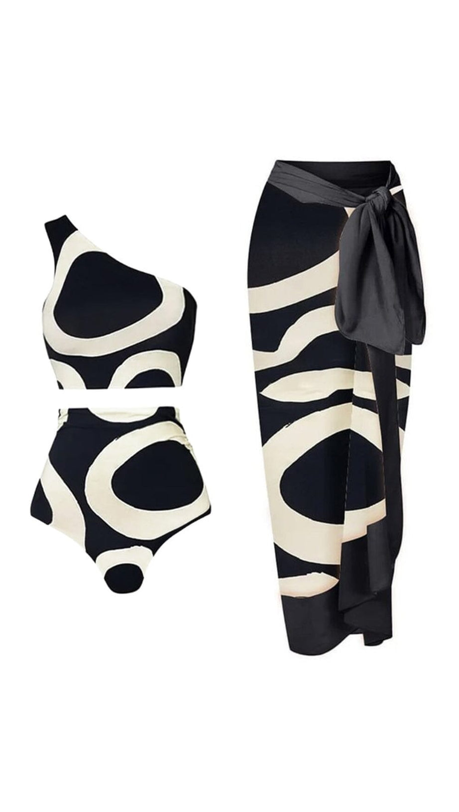 ONE SHOULDER PRINT SPLIT BIKINI SWIMSUIT AND SARONG