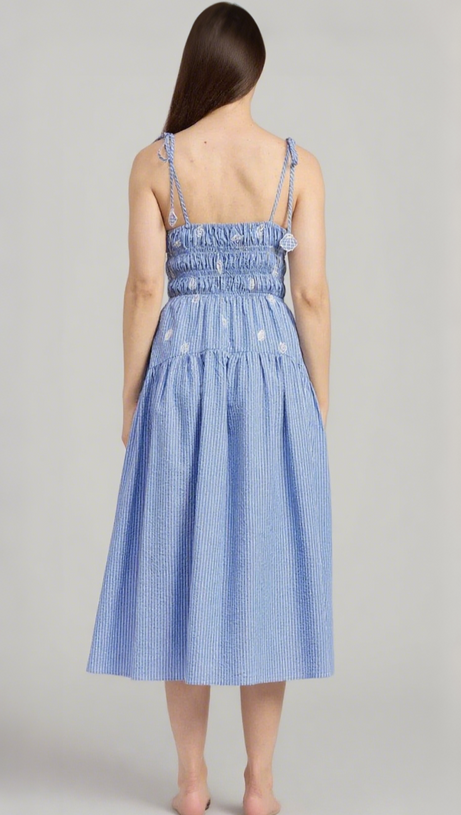 SIMONA EMBROIDERED STRIPES MIDI DRESS IN BLUE