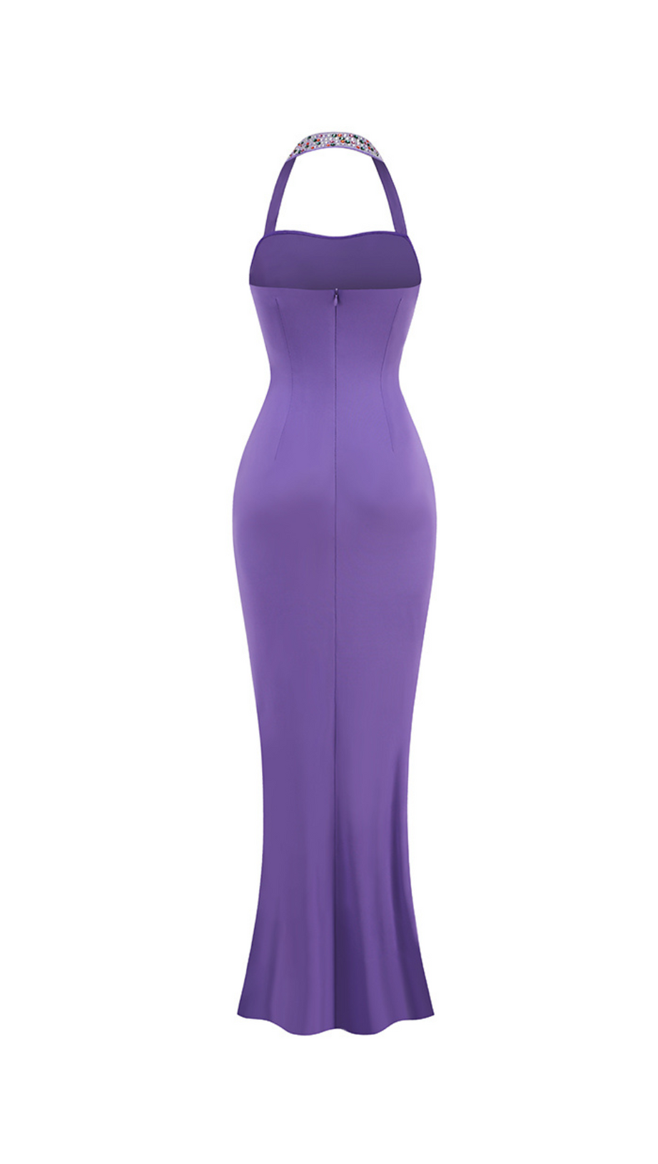 MULTICOLOR-PEARL EMBELLISHED PURPLE HALTER MAXI DRESS