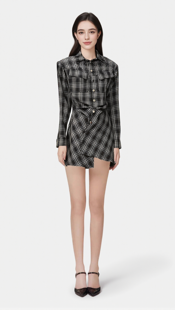 AIIZIE JEANNETTE BLACK STUDDED CHECK MINI SHIRT DRESS - product image