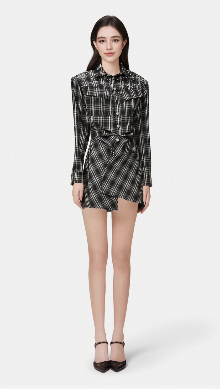 Jeannette – Schwarzes, kariertes Mini-Hemdblusenkleid mit Nieten 