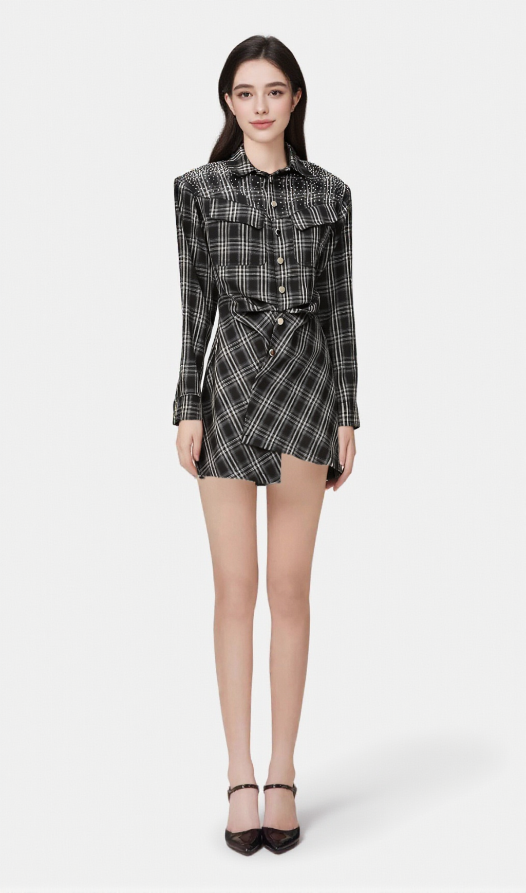 Jeannette – Schwarzes, kariertes Mini-Hemdblusenkleid mit Nieten 