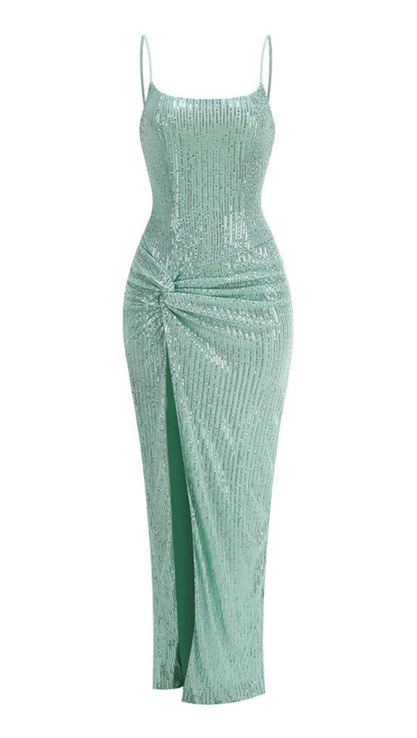 AIIZIE SPARKLY SEQUIN LACE UP TWISTED RUCHED HIGH SLIT SLIP EVENING MAXI DRESS - product image