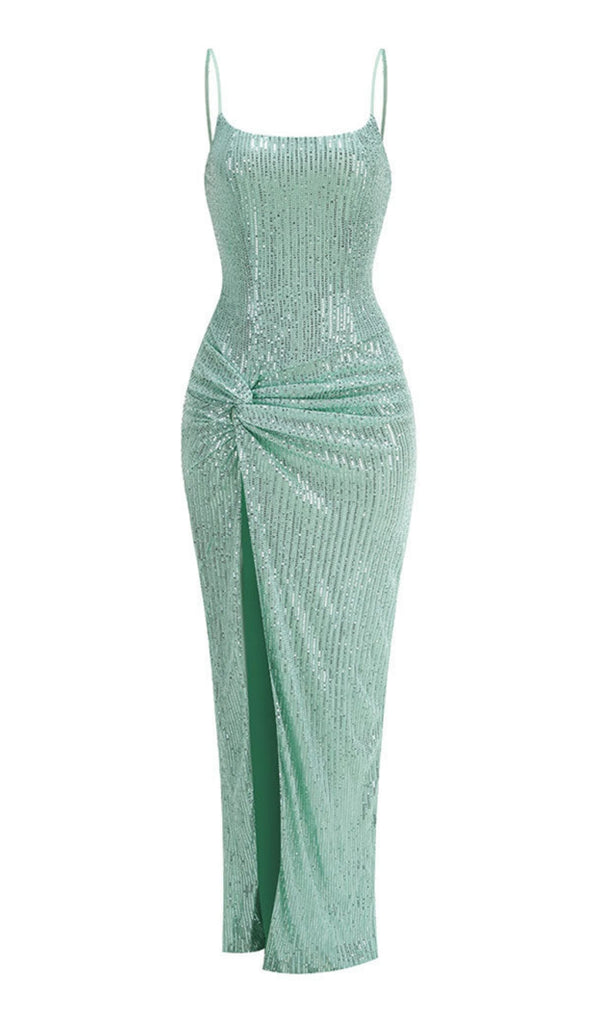 Sparkly Sequin Lace Up Twisted Ruched High Slit Slip Evening Maxi Dress