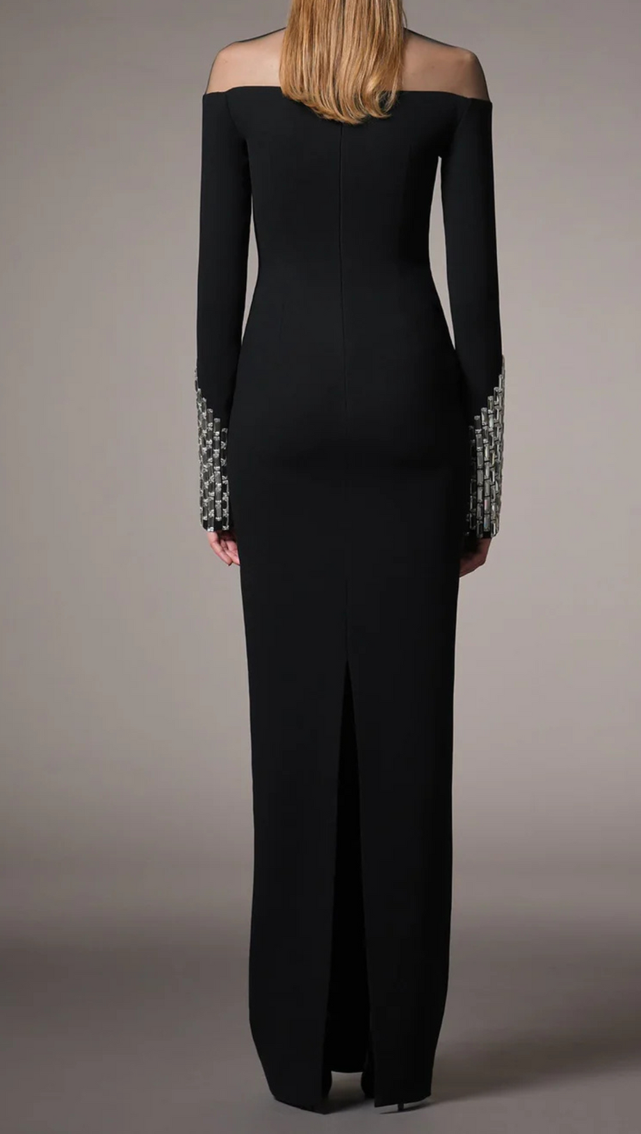 CRYSTAL EMBELLISHMENTS BLACK CRÊPE MAXI DRESS