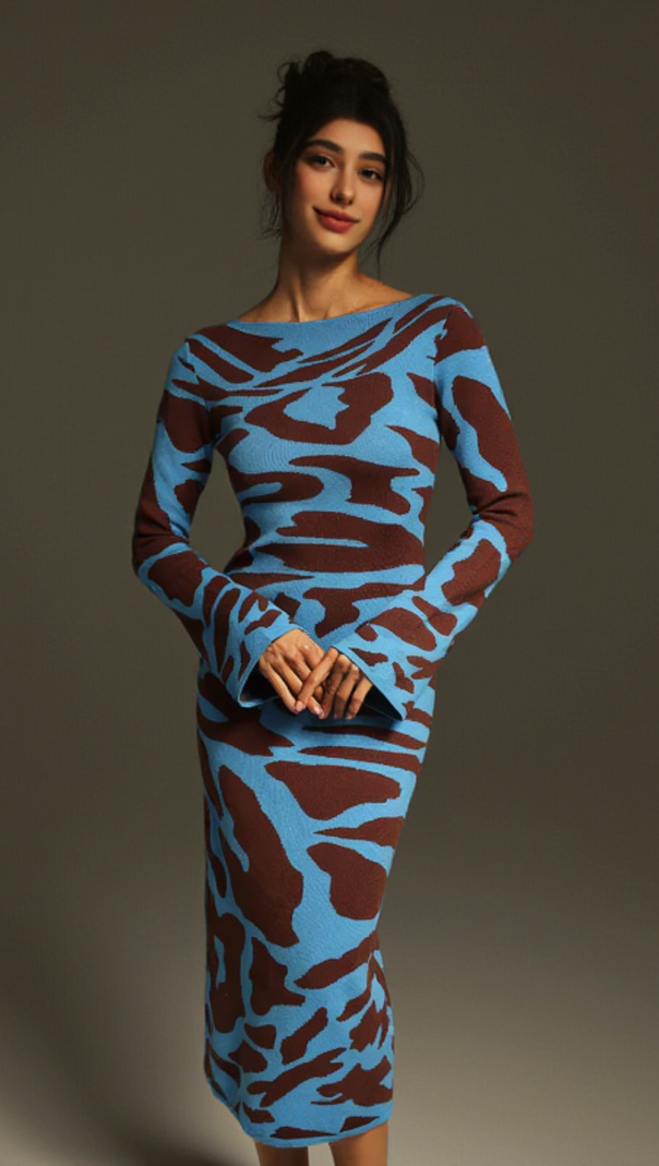 AIIZIE TAYSIA LONG SLEEVE LEOPARD KNITTED MIDI DRESS - product image