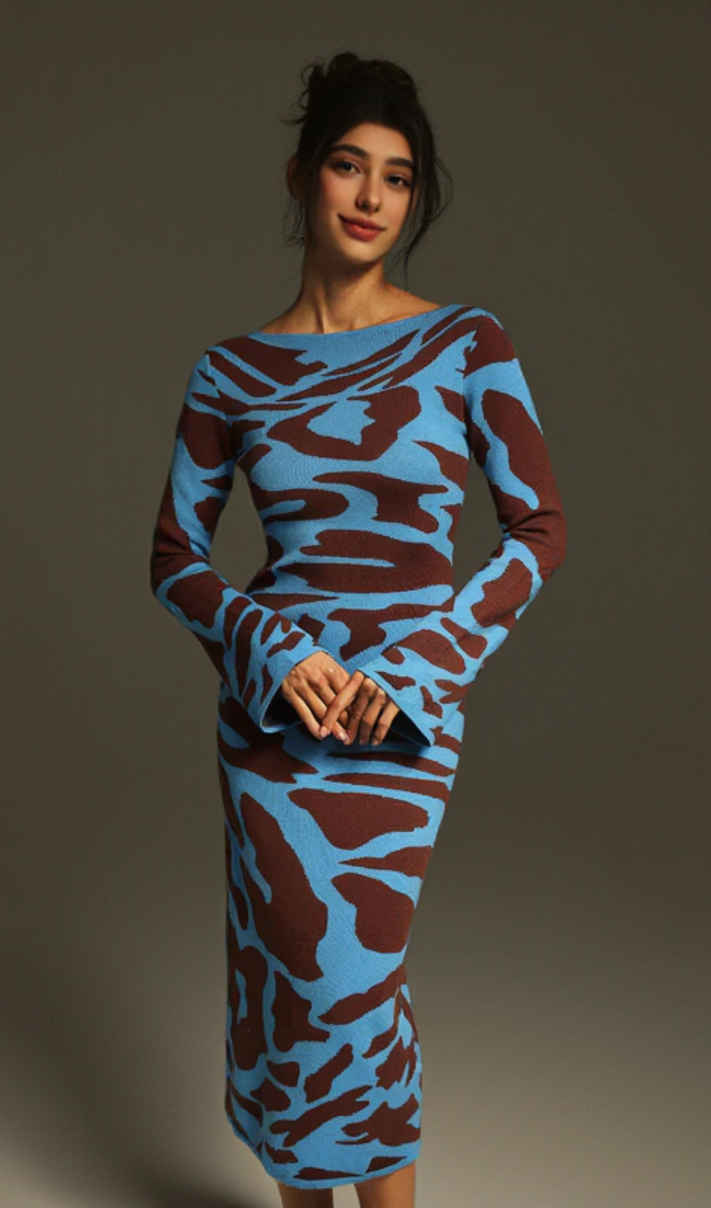 TAYSIA LONG SLEEVE LEOPARD KNITTED MIDI DRESS