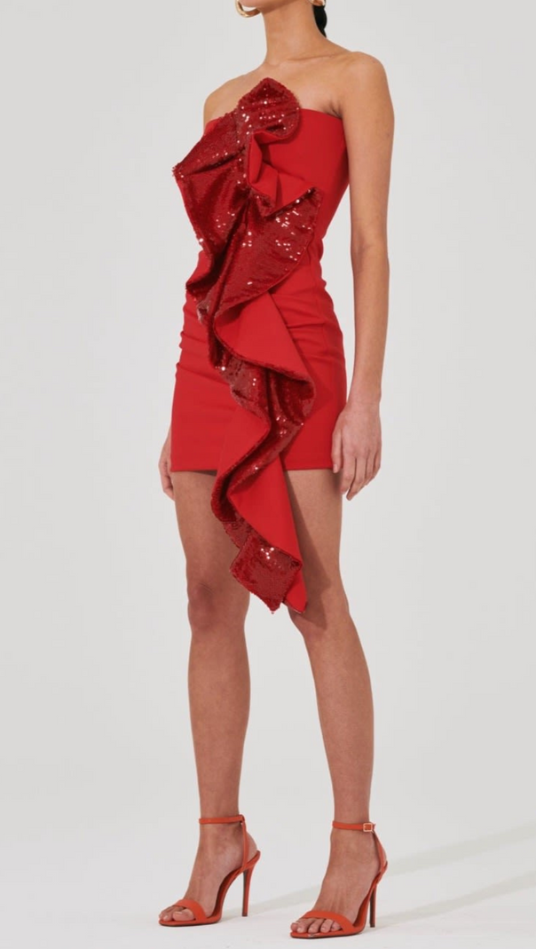 AIIZIE AMELIA SEQUIN RUFFLE RED MINI DRESS - product image