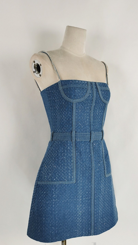 ANDREA DENIM RHINESTONE SUSPENDER MINI DRESS IN BLUE