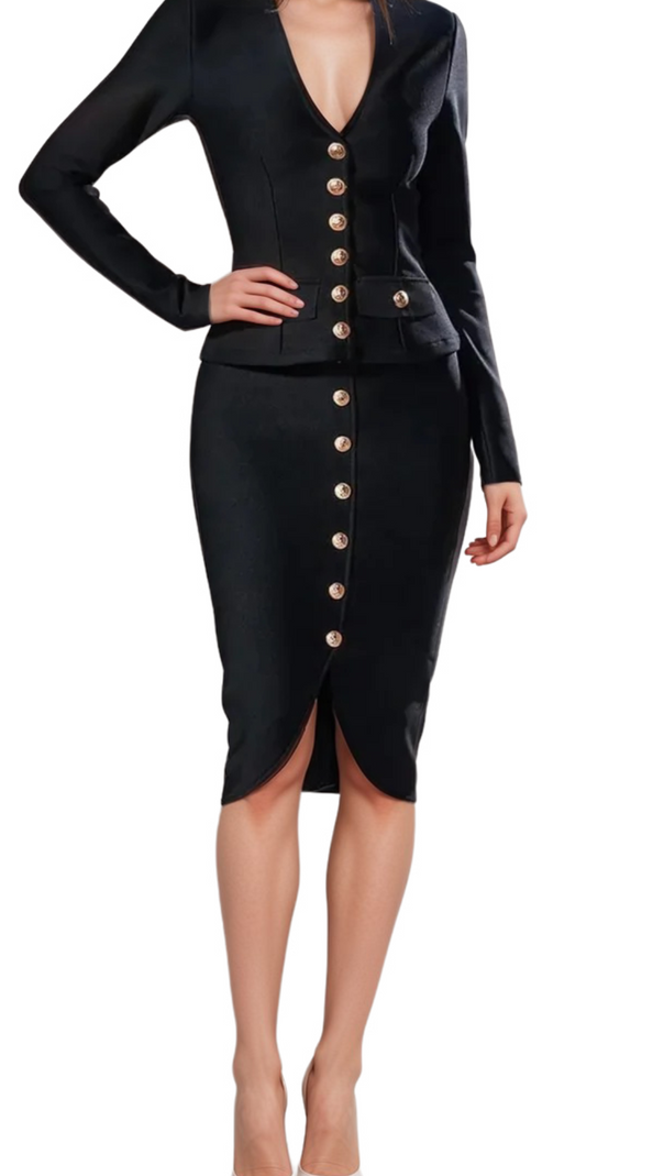 AIIZIE BONNIE LONG SLEEVE SINGLE BREASTED BANDAGE SET IN BLACK - product image