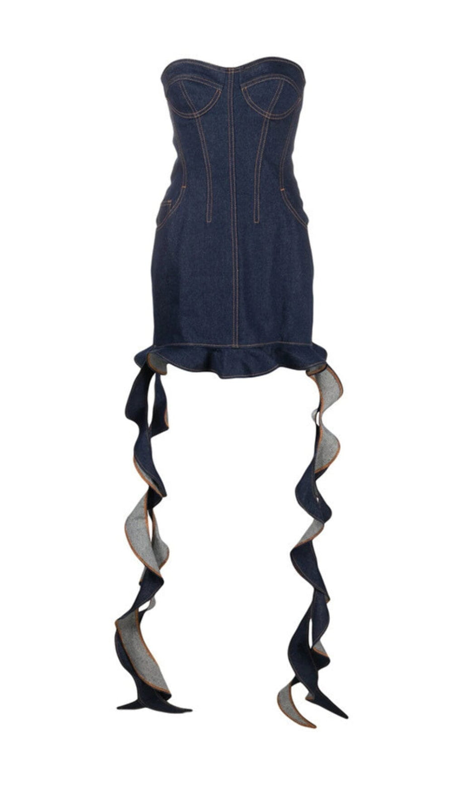 TRÄGERLOSES, DRAPIERTES DENIMKLEID MIT RÜSCHEN
