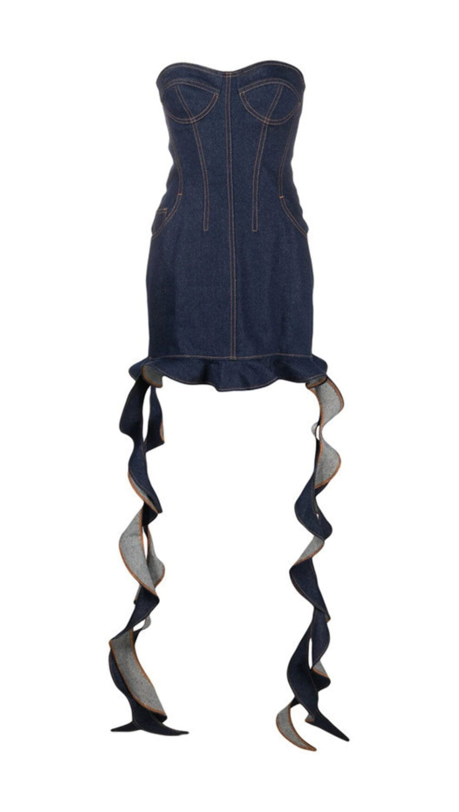 ABITO IN DENIM CON VOLANT E DRAPPEGGIO SENZA SPALLINE