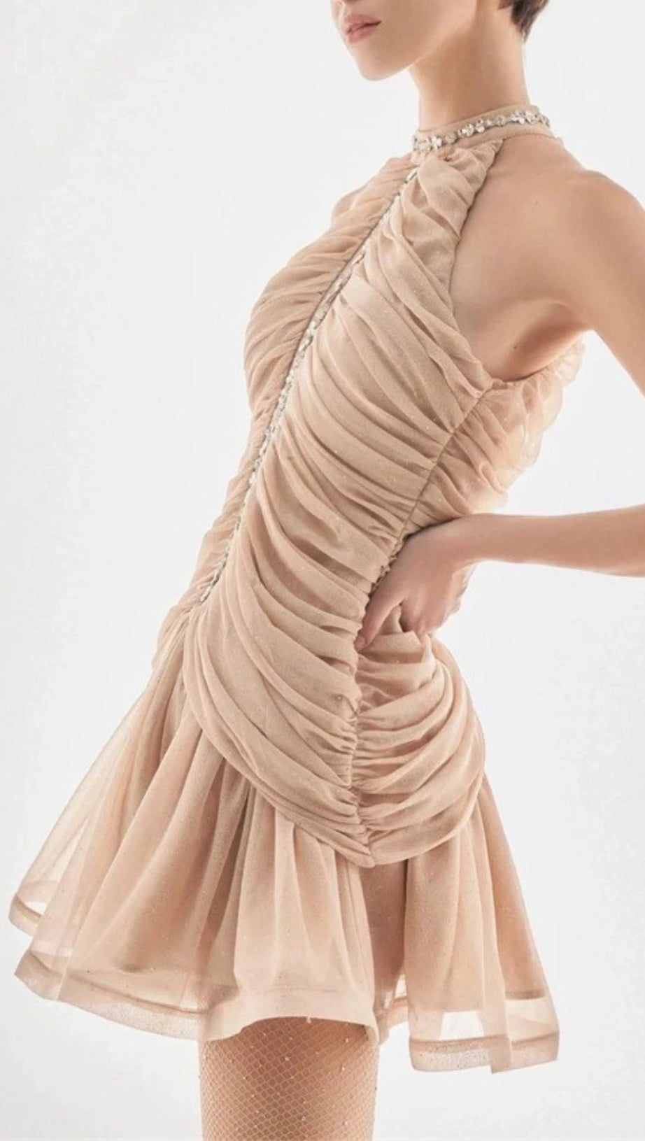 CHAMPAGNE AMENAE EMBELLISHED RUCHED MINI DRESS