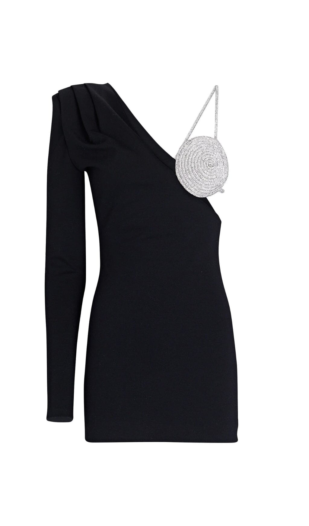 SCHWARZES MINIKLEID MIT EINER SCHULTER UND KRISTALL