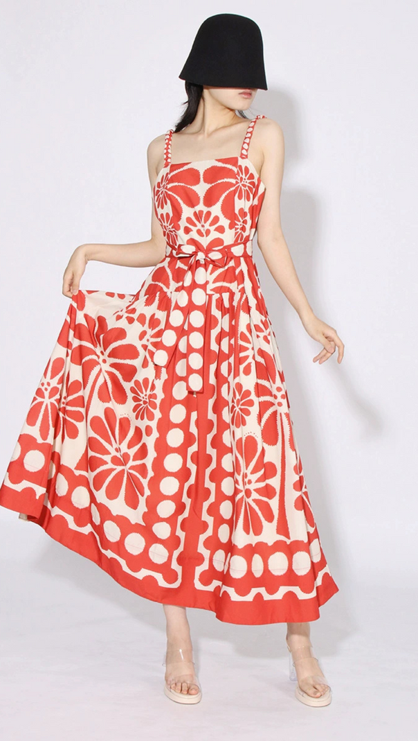 AIIZIE STRAP PRINTED MIDI DRESS IN RED - product image