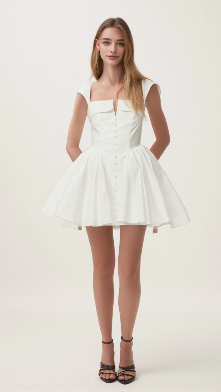 JULIE WHITE FOLDED-NECK BONDED SLEEVELESS MINI DRESS